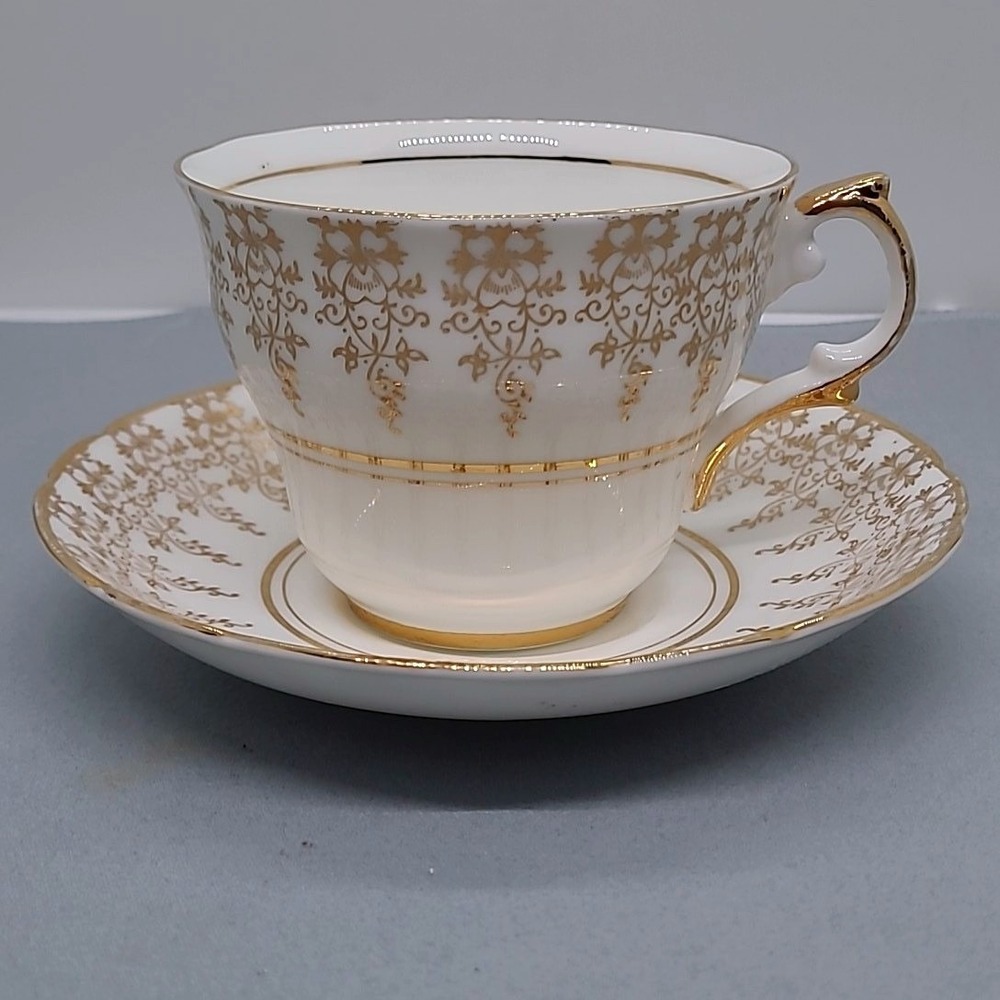 Vintage Royal Ascot Tea Cup Saucer Bone China White Gold Filigree Made England